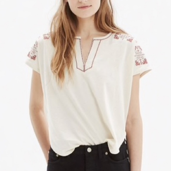 Madewell Embroidered Split Neck Top - Picture 1 of 8